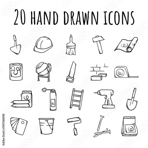 Black and white set of icons of construction, repair, tools and materials. Vector signs and symbols for design, banner, website, decoration