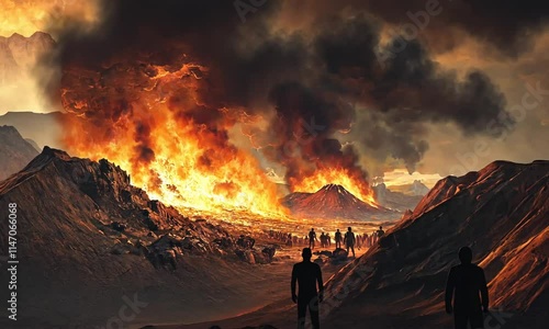 Apocalyptic Volcanic Eruption: Witnessing the fiery destruction of a landscape, silhouettes of people stand in awe and fear before the immense power of nature. photo