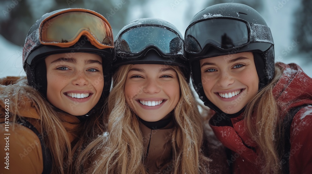 Fototapeta premium Group of happy young girls in ski clothes