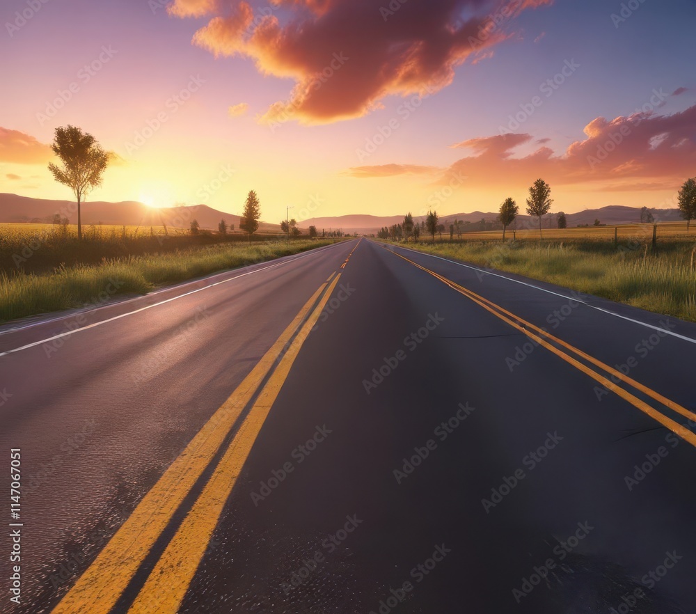 Fototapeta premium Sunrise paints vibrant hues across rural asphalt highway , tranquil, freedom