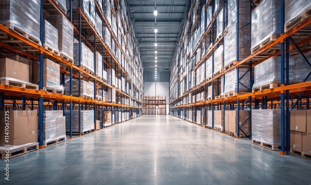 Warehouse interior with organized shelves and pallets Warehouse interior with organized shelves and pallets