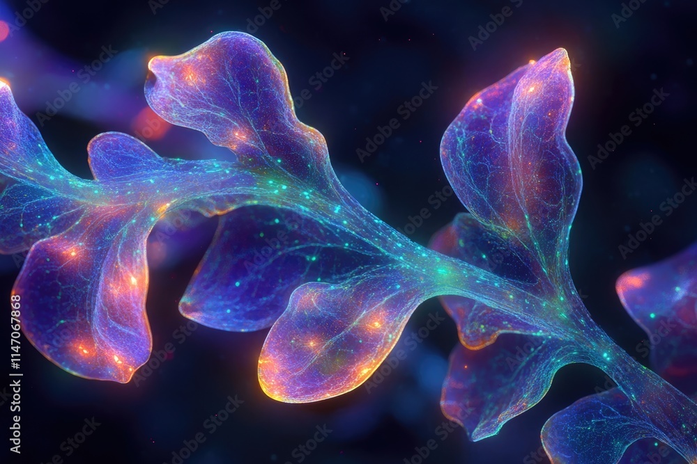 Naklejka premium Abstract bioluminescent organism, glowing vibrant colors, intricate network of veins.
