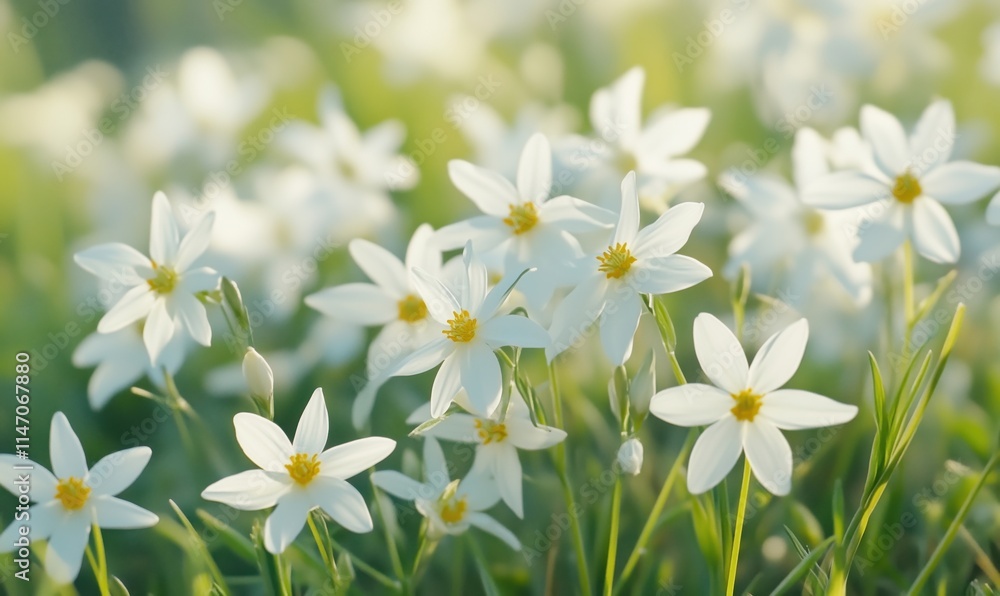 White flowers blooming in green field, delicate petals, bright yellow centers, soft sunlight, serene atmosphere White flowers blooming in green field, delicate petals, bright yellow centers, soft sunlight, serene atmosphere