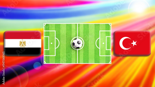 Egypt and Turkey flag on soccer field with ball.Football match concept against multicolored abstract background.Copy space for text.