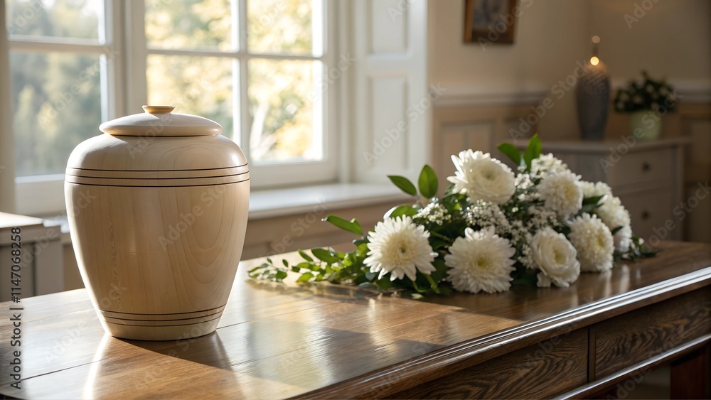 Cremation urn with flowers on wooden table in tranquil interior setting Cremation urn with flowers on wooden table in tranquil interior setting