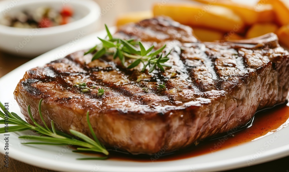 Grilled steak with herbs, side of fries, and seasoning Grilled steak with herbs, side of fries, and seasoning