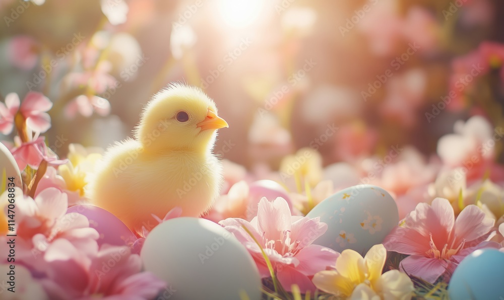 Chick surrounded by colorful eggs and flowers, vibrant spring scene, soft sunlight, pastel colors, Easter theme Chick surrounded by colorful eggs and flowers, vibrant spring scene, soft sunlight, pastel colors, Easter theme