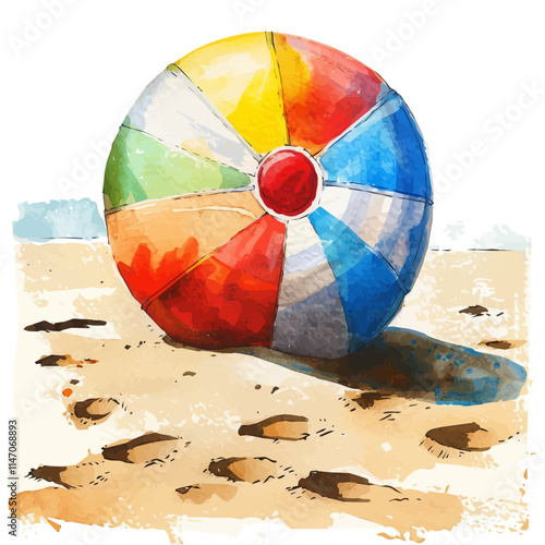 A watercolor vector of a giant beach ball bouncing in the sand, isolated on a white background. Giant beach ball bouncing in the sand vector.
