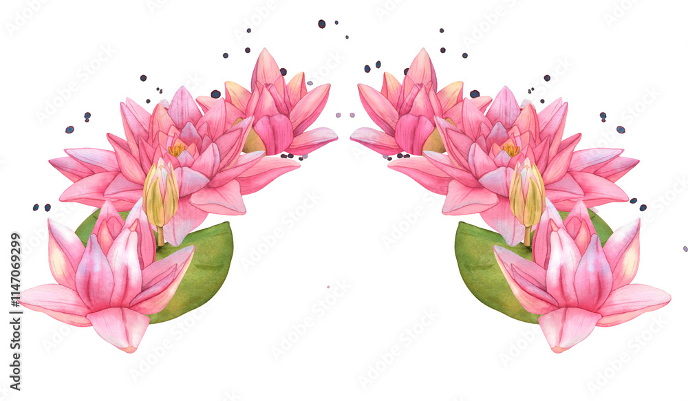 Watercolor illustration of lotuses. Arch of pink water lily flowers. Bouquet of pink lotus flowers. Floral template for wedding cards, invitations and cosmetic package Watercolor illustration of lotuses. Arch of pink water lily flowers. Bouquet of pink lotus flowers. Floral template for wedding cards, invitations and cosmetic package
