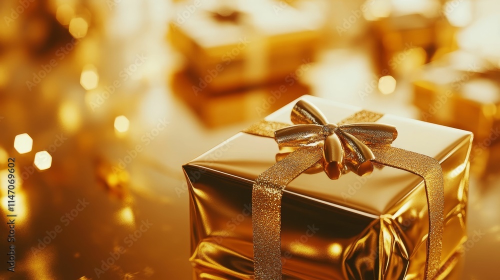 Golden gift box, glittering ribbon, festive lights. Golden gift box, glittering ribbon, festive lights.