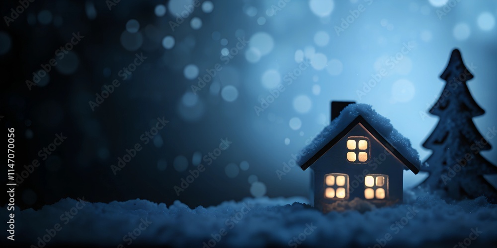Miniature house with glowing windows surrounded by snow and trees in winter night Miniature house with glowing windows surrounded by snow and trees in winter night