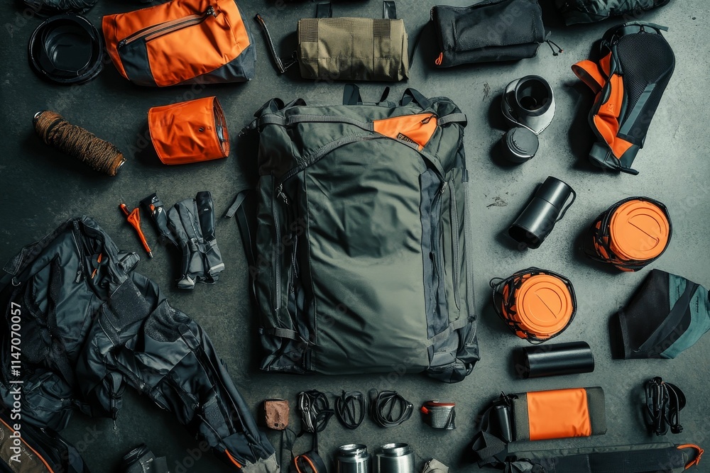 Backpack and assorted outdoor gear arranged on a dark surface. Backpack and assorted outdoor gear arranged on a dark surface.