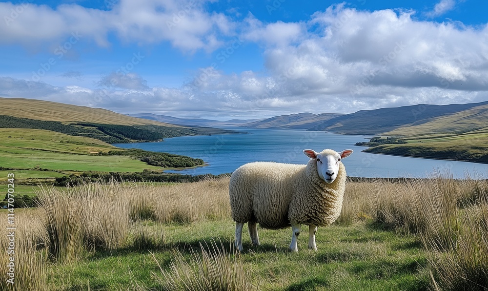 Sheep grazing near lake, scenic landscape, blue sky, green hills Sheep grazing near lake, scenic landscape, blue sky, green hills