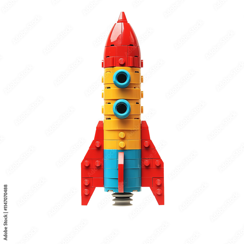 a rocket made with plastic bricks isolated on white