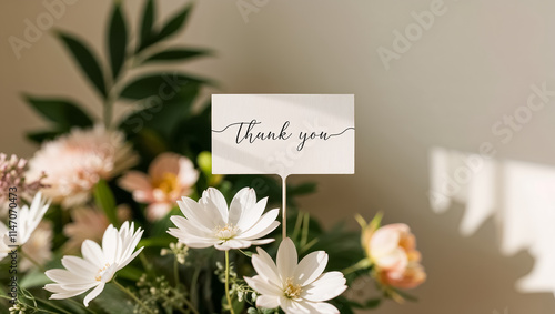 Beautiful sign with the inscription thank you, bouquet of flowers