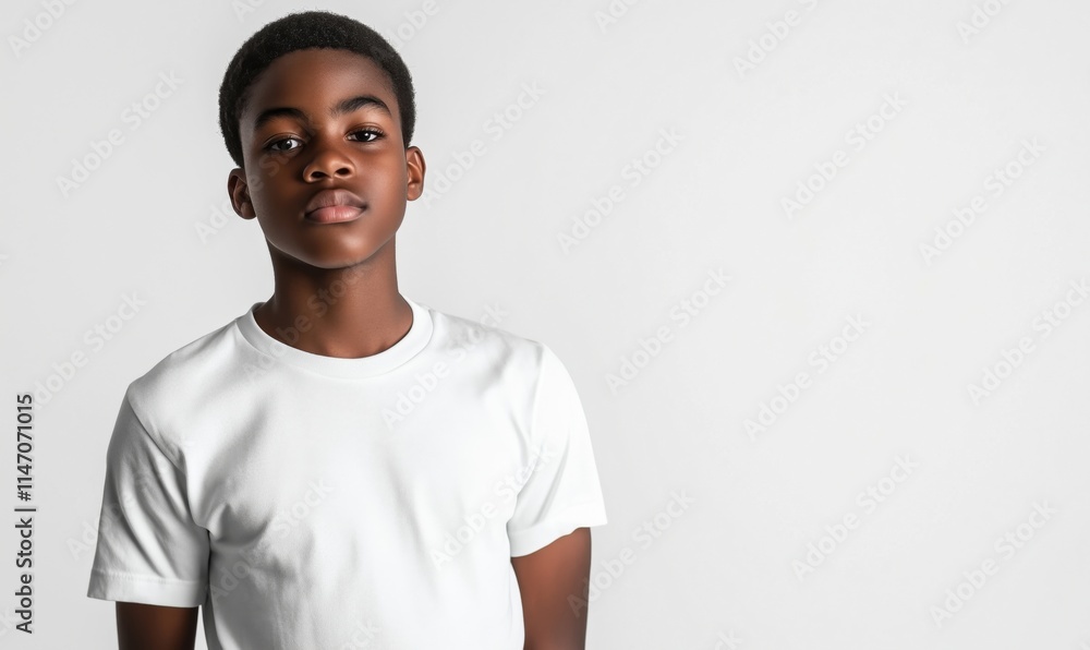 Young boy portrait, serious expression, wearing white t-shirt, neutral background, natural lighting Young boy portrait, serious expression, wearing white t-shirt, neutral background, natural lighting