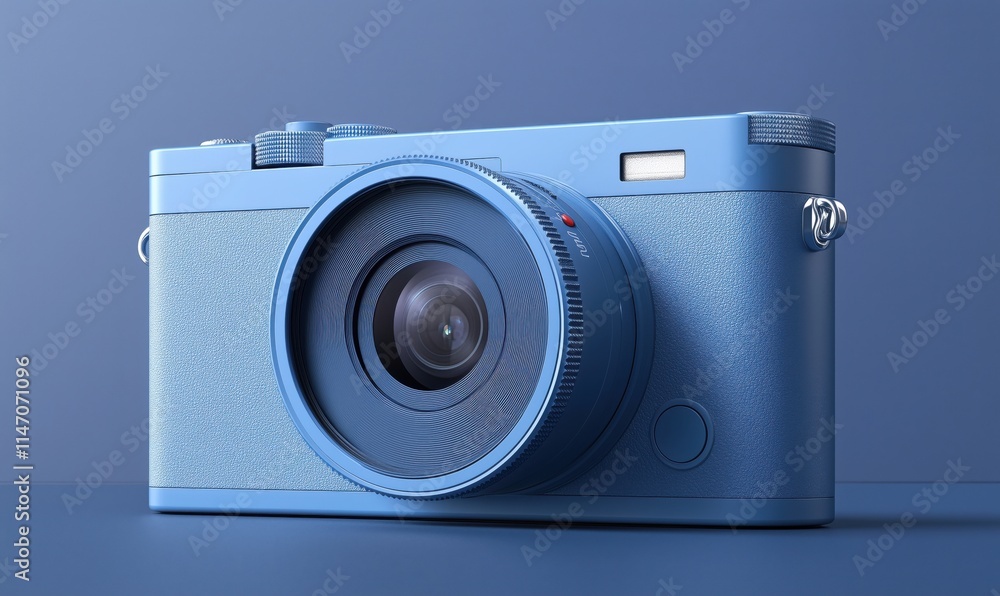 Blue camera with sleek design and textured finish, showcasing modern photography technology and aesthetics Blue camera with sleek design and textured finish, showcasing modern photography technology and aesthetics
