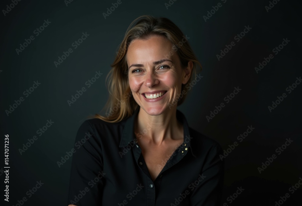 A woman with long brown hair smiles brightly at the camera, wearing a black shirt against a dark background.