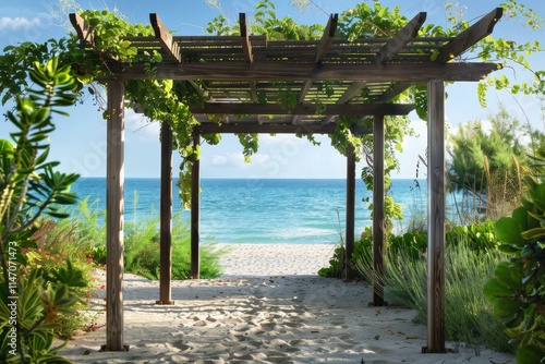 Fototapeta Naklejka Na Ścianę i Meble -  Wooden pergola covered in vines is framing the entrance to a white sand beach on a sunny day