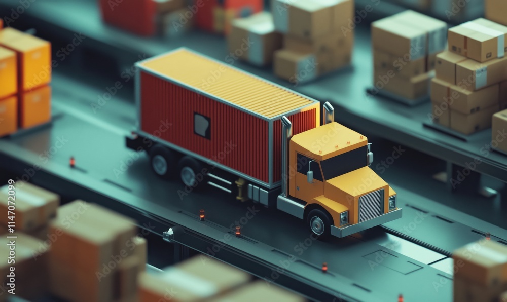 Delivery truck transporting goods in warehouse, surrounded by cardboard boxes, organized logistics environment Delivery truck transporting goods in warehouse, surrounded by cardboard boxes, organized logistics environment