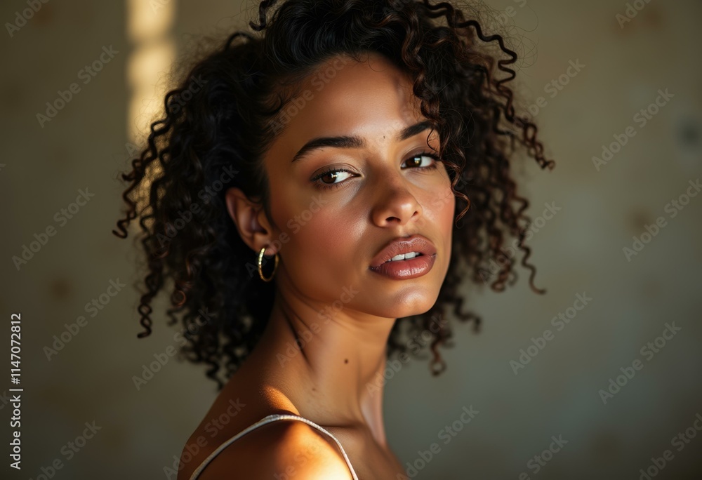 A close-up portrait of a woman with curly hair looking directly at the camera. A close-up portrait of a woman with curly hair looking directly at the camera.
