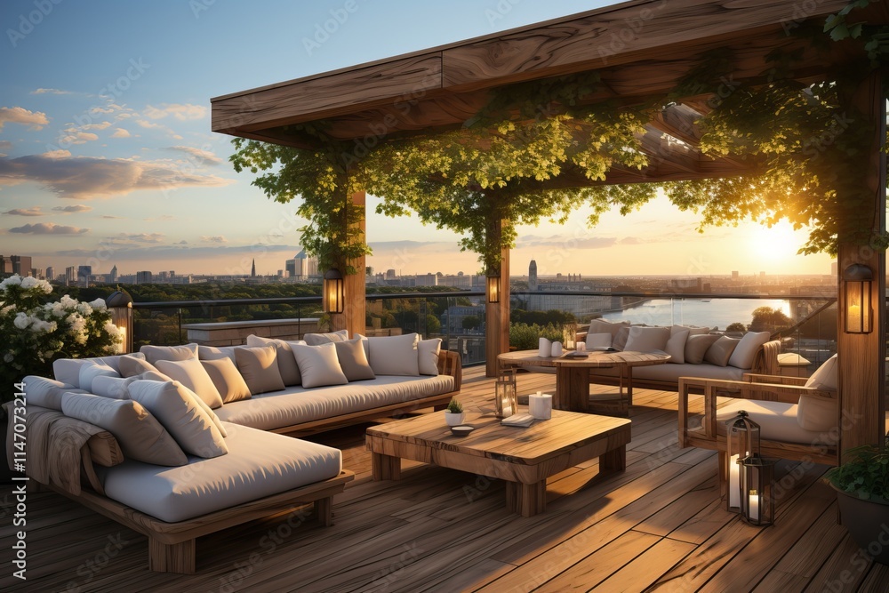 Wooden terrace with soft sofas overlooking the city. Wooden terrace with soft sofas overlooking the city.