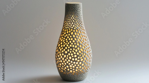Illuminated ceramic vase with intricate perforated pattern.