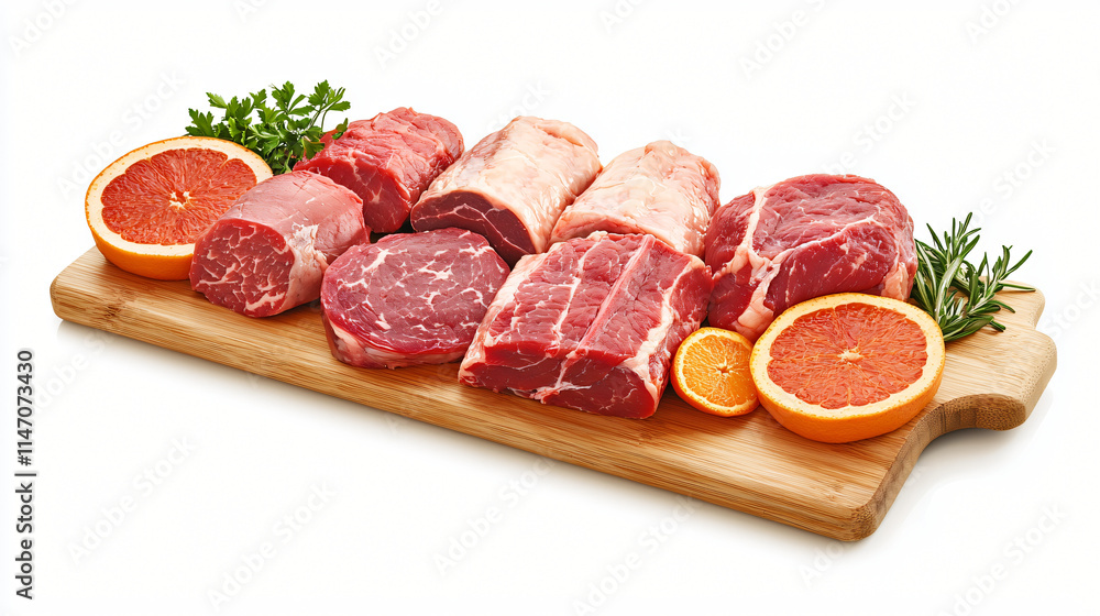 Premium Cuts of Beef on Wooden Board with Citrus Fruits Premium Cuts of Beef on Wooden Board with Citrus Fruits