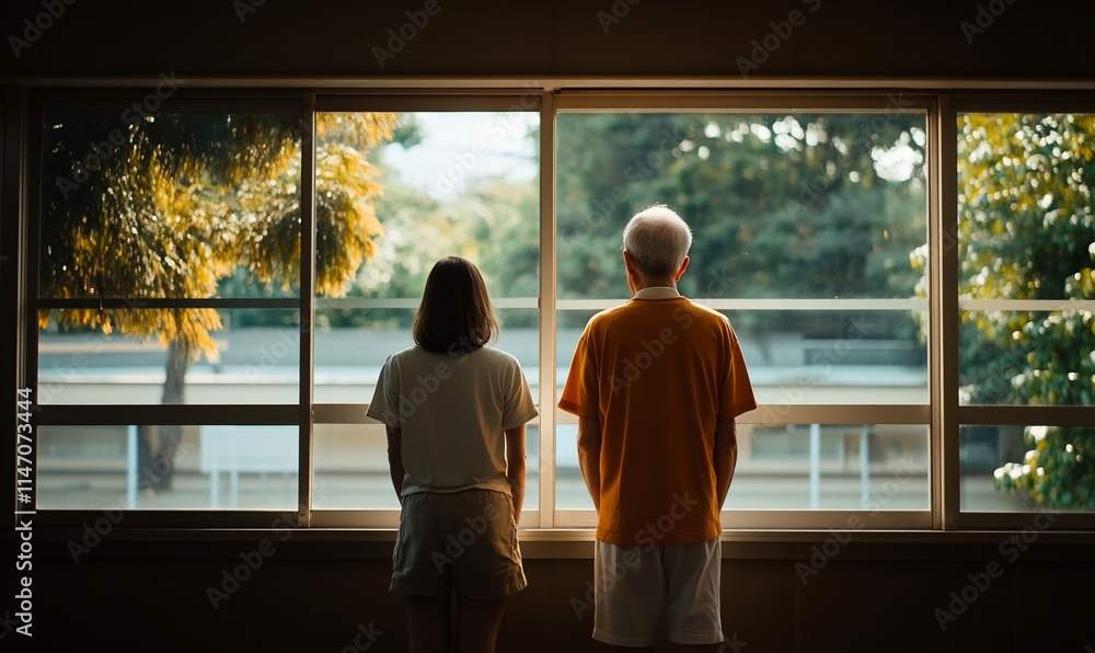 Two figures gazing out a window, reflecting on a serene landscape. Two figures gazing out a window, reflecting on a serene landscape.