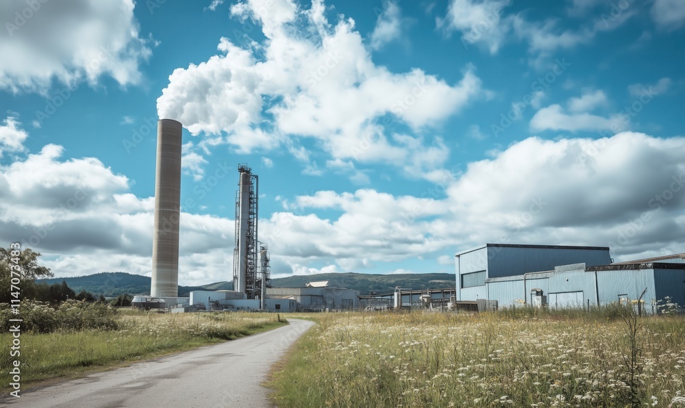 Industrial factory with smokestack emitting white smoke against blue sky and clouds, surrounded by green fields and road Industrial factory with smokestack emitting white smoke against blue sky and clouds, surrounded by green fields and road
