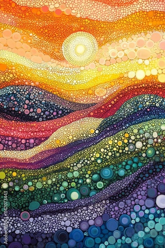 Abstract landscape; colorful pebble-like pattern, sun.