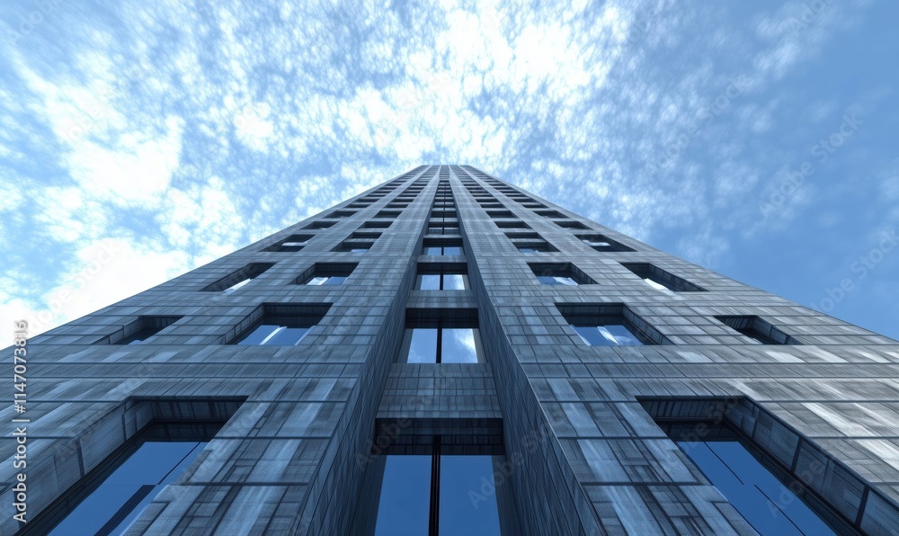 Modern skyscraper towering against blue sky with clouds, showcasing architectural design and urban landscape Modern skyscraper towering against blue sky with clouds, showcasing architectural design and urban landscape