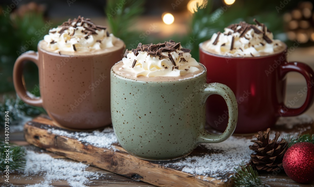 Festive Hot Chocolate with Whipped Cream and Chocolate Shavings in Colorful Mugs, Surrounded by Holiday Decor Festive Hot Chocolate with Whipped Cream and Chocolate Shavings in Colorful Mugs, Surrounded by Holiday Decor