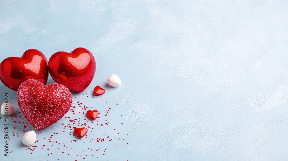 Obraz premium Red glittery and glossy hearts arranged with small decorations on a light blue textured background with copy space.