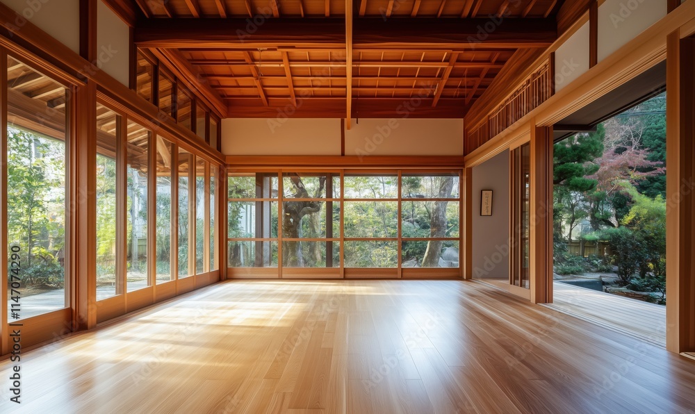 Serene Japanese interior with wooden floors and large windows overlooking a tranquil garden Serene Japanese interior with wooden floors and large windows overlooking a tranquil garden