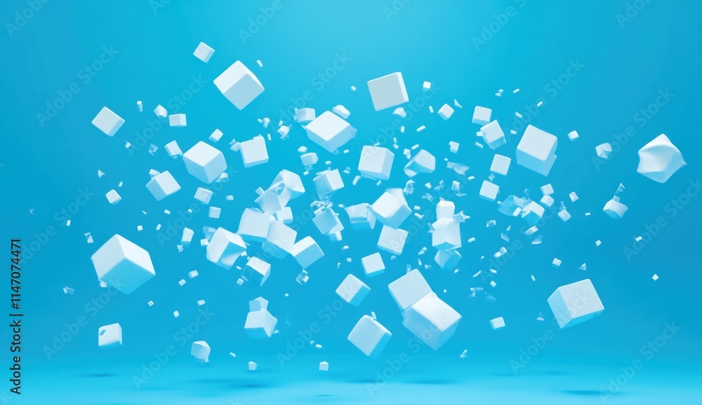 Abstract 3D rendering of white cubes exploding on a blue background. Abstract 3D rendering of white cubes exploding on a blue background.