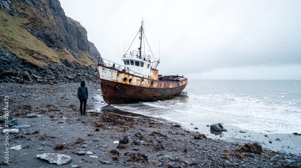 Obraz premium A traveler stands on a rocky shore looking at a rusty shipwreck under an overcast sky.