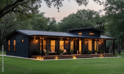 Modern black house exterior with warm lighting, surrounded by lush greenery and a spacious lawn, showcasing contemporary architecture and inviting atmosphere