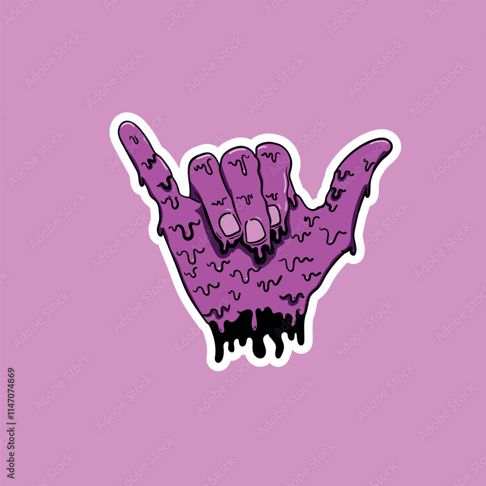 Obraz premium pink grime art hand illustration making hang loose sign with sticker white border