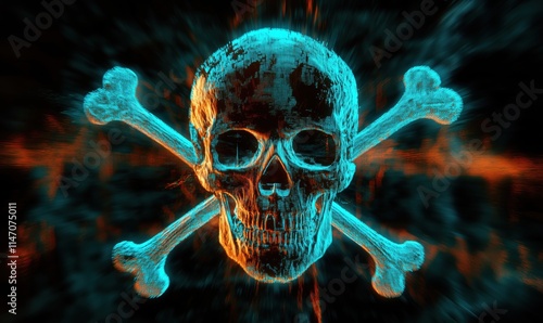 3D Skull and Crossbones Design with Neon Glow Effect, Digital Art Representation of Danger and Death