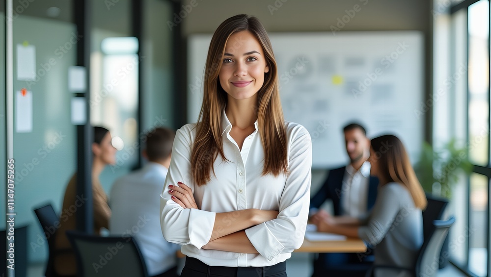 Smiling businesswoman with arms crossed in a modern office, colleagues in the background during a meeting.
Smiling businesswoman with arms crossed in a modern office, colleagues in the background during a meeting.