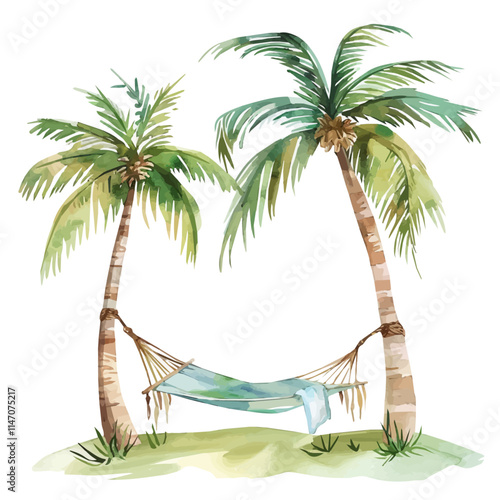 A watercolor vector of a hammock tied to palm trees, isolated on a white background. Hammock palm trees vector.
