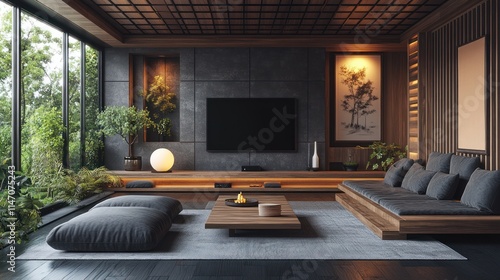 Wallpaper Mural Modern minimalist Japanese living room interior with dark wood, low seating, and large windows. Torontodigital.ca