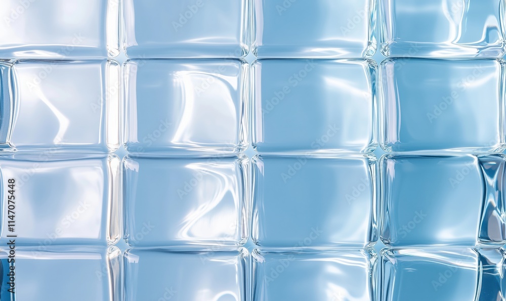 Translucent glass blocks creating a modern, textured wall with a cool blue hue and reflective surfaces Translucent glass blocks creating a modern, textured wall with a cool blue hue and reflective surfaces