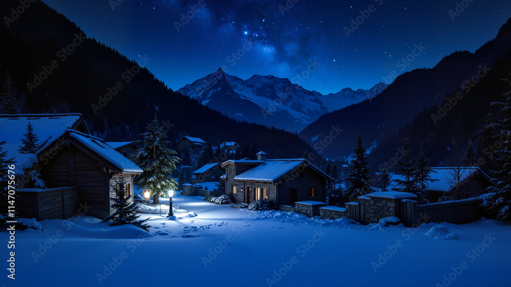 Fototapeta premium Village in the mountans, winter landscape in the mountains. Night. 