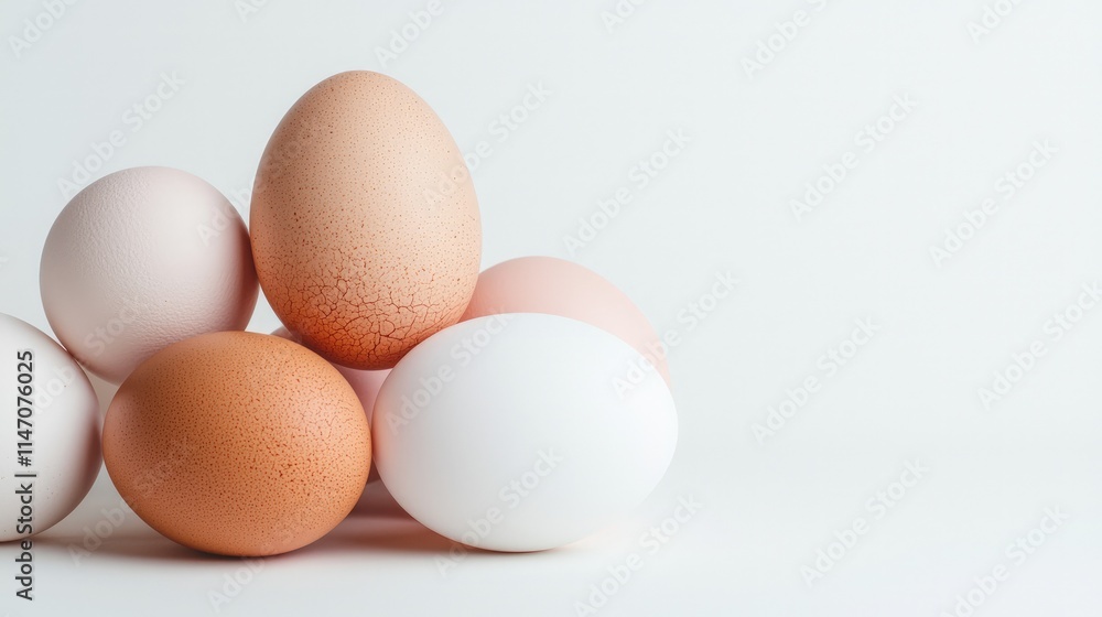 Five eggs of varying shades of brown and white arranged in a pyramid shape against a white background. Five eggs of varying shades of brown and white arranged in a pyramid shape against a white background.