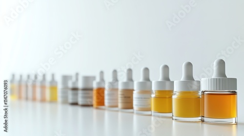 Brightly colored bottles in row showcase various liquid formulat photo