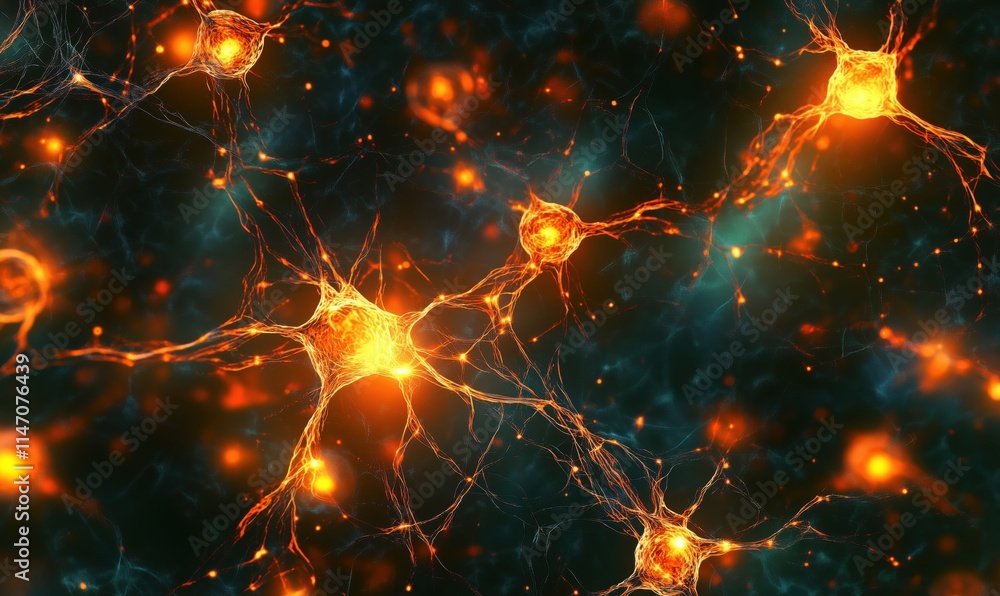 Neurons glowing in vibrant orange and blue hues, showcasing intricate neural connections and synapses in a digital representation of brain activity Neurons glowing in vibrant orange and blue hues, showcasing intricate neural connections and synapses in a digital representation of brain activity
