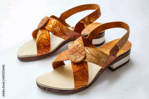 Pair of women's sandals featuring a stylish and intricate floral design, showcasing the craftsmanship of leatherwork photo