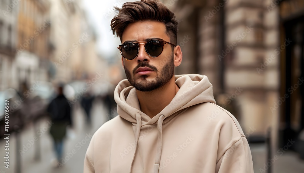 Fashionable model in beige hoodie and sunglasses, exuding confidence and style. Fashionable model in beige hoodie and sunglasses, exuding confidence and style.